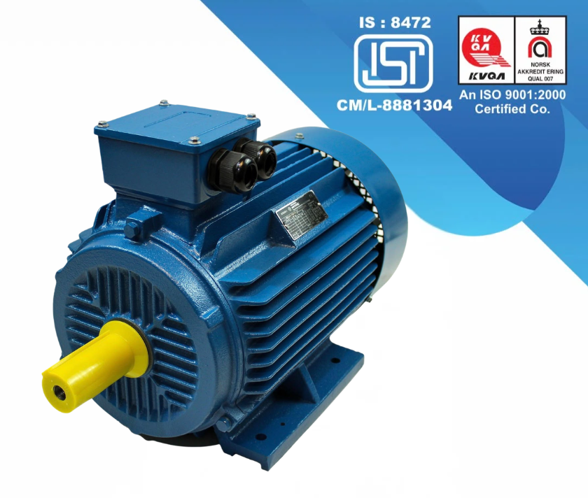 Blue electric motor with a shaft and cooling fins