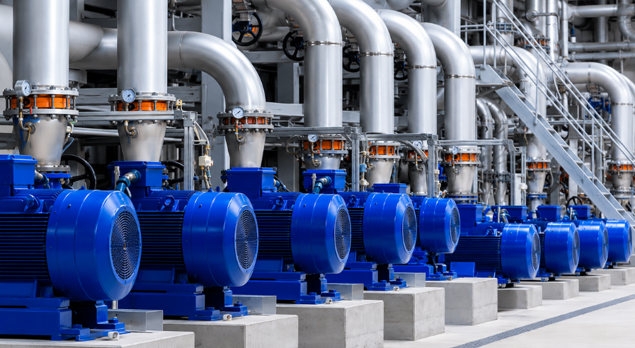 Industrial electric motors connected to a large pumping and pipe system